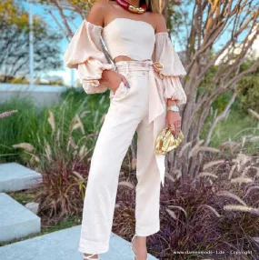 Damen Zweiteiler Sommer Outfit Schulterfrei in Creme